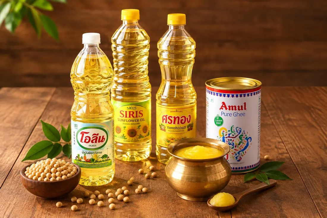 Soybean oil bottles and pure ghee used at Govinda's